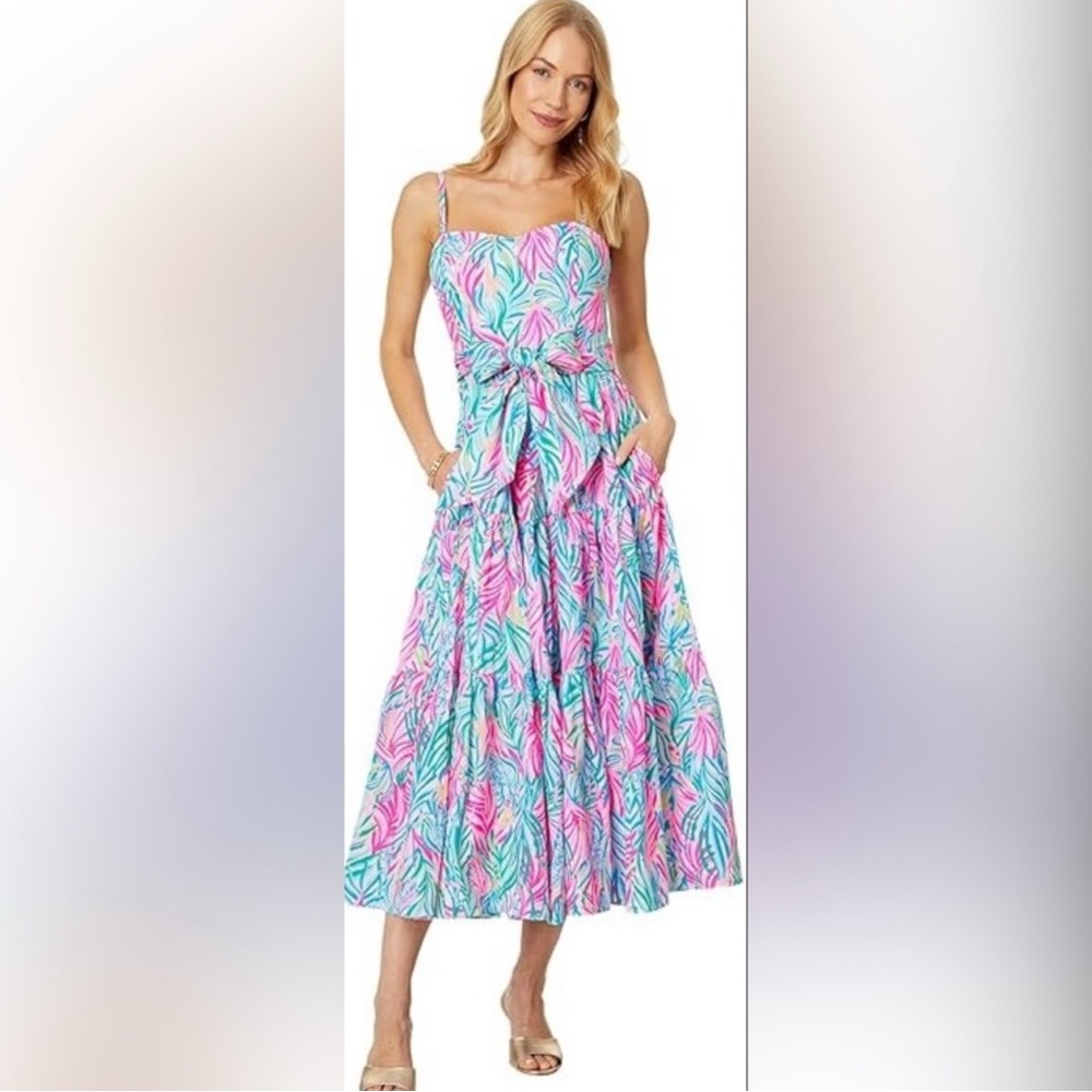 Lilly Pulitzer Pink and Blue Leaf Print Midi Dress - Picture 6 of 6
